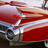 AUT 30 RK0111 07
1959 Red Cadillac Eldorado Convertible Detail Rear Fin View On Pavement