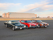 AUT 31 RK0097 01
1964 Black, 1966 Red & 1974 Broze Pontiac GTOs 3/4 Front View By Hangar