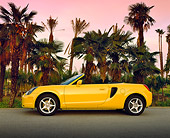 AUT 33 RK0136 11
2000 Toyota MR2 Spyder Yellow Profile On Pavement By Palm Trees Filtered