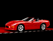 AUT 33 RK0307 04
2000 Shelby Series One Convertible Red 3/4 Side View On Checkered Line Red Floor Studio