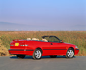 AUT 34 RK0118 03
2001 Saab 93 Convertible Red 3/4 Rear View On Pavement Blue Sky