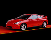 AUT 34 RK0028 02
2001 Toyota Celica Red 3/4 Side View On Red Floor Yellow Line Studio