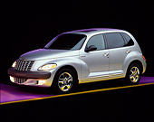 AUT 34 RK0074 07
2001 Chrysler PT Cruiser Silver 3/4 Side View On Purple Floor Yellow Line Studio