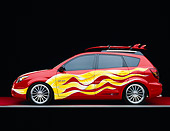 AUT 38 RK0102 02
2003 Pontiac Vibe GT Red Yellow Graphics Surfboard Suspension Techniques Side View On Red Floor Gray Line