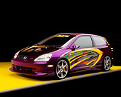 AUT 38 RK0122 06
2003 Honda Civic Si Purple With Graphics Modify By APC Front 3/4 View On Yellow Floor Gray Line Studio