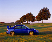 AUT 39 RK0040 02
2004 Subaru WRX STi Blue Profile View On Grass By Trees Blue Sky
