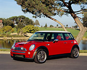 AUT 39 RK0315 02
2004 Mini Cooper S Red And White 3/4 Front View On Pavement By Water And Trees