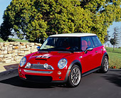 AUT 39 RK0323 01
2004 Mini Cooper S Red And White 3/4 Front View On Bridge By Trees