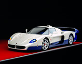 AUT 40 RK0197 08
2005 Maserati MC12 Pearl White And Blue 3/4 Front View On Red Floor Studio
