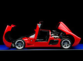 AUT 40 RK0288 01
2005 Ultima GTR Red Profile View Doors And Body Panels Open On Blue Floor Gray Line Studio