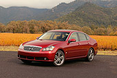 AUT 41 RK0198 01
2006 Infiniti M45 Red 3/4 Front View On Pavement On Pavement By Hills And Trees