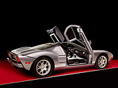 AUT 41 RK0432 01
2006 Ford GTB Gray With Silver Stripe 3/4 Rear View Shot Doors Open Studio