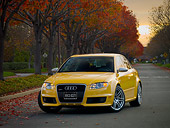 AUT 42 RK0113 01
2007 Audi RS4 Yellow 3/4 Front View On Pavement By Fall Trees