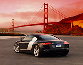 AUT 43 RK0006 01
2008 Audi R8 Black 3/4 Rear View On Pavement Golden Gate Bridge SF