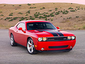 AUT 44 RK0019 01
2009 Dodge Challenger SRT8 Limited Edition Red Black Stripe 3/4 Front View On Pavement By Hills