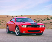 AUT 44 RK0022 01
2009 Dodge Challenger SRT8 Limited Edition Red Black Stripe 3/4 Front View On Pavement By Hills
