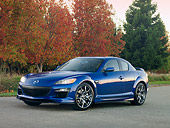 AUT 44 RK0024 01
2009 Mazda RX-8 R3 Coupe Blue 3/4 Front View On Pavement By Trees
