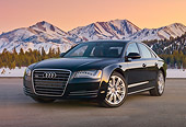 AUT 46 BK0031 01
2011 Audi A8 Black 3/4 Front View On Pavement By Snowy Mountains At Dusk