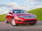 AUT 46 BK0046 01
2011 Ford Fusion Hybrid Red 3/4 Front View On Pavement By Grassy Hills