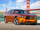 AUT 46 RK0057 01
2011 Dodge Charger RT Orange 3/4 Front View On Pavement By Golden Gate Bridge