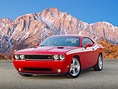 AUT 46 RK0076 01
2011 Dodge Challenger Red 3/4 Front View On Pavement By Snowy Mountains