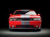AUT 46 RK0123 01
2011 Dodge SRT8 Challenger Red With Gray Stripes Front View In Studio