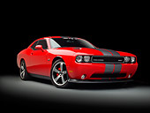 AUT 46 RK0124 01
2011 Dodge SRT8 Challenger Red With Gray Stripes 3/4 Front View In Studio