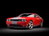 AUT 46 RK0125 01
2011 Dodge SRT8 Challenger Red With Gray Stripes 3/4 Front View In Studio