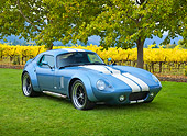 AUT 46 RK0128 01
2011 Brock Daytona Coupe Blue With White Stripe 3/4 Front View On Grass By Trees And Vineyard