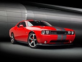 AUT 46 RK0134 01
2011 Dodge SRT8 Challenger Red With Gray Stripes 3/4 Front View In Studio