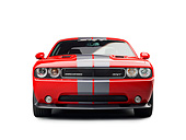 AUT 46 RK0136 01
2011 Dodge Challenger SRT8 Red With Gray Stripes Front View On White Seamless