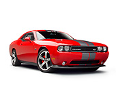 AUT 46 RK0137 01
2011 Dodge SRT8 Challenger Red With Gray Stripes 3/4 Front View On White Seamless