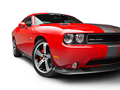 AUT 46 RK0138 01
2011 Dodge Challenger SRT8 Red With Gray Stripes 3/4 Front View On White Seamless