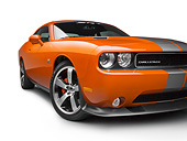 AUT 46 RK0139 01
2011 Dodge SRT8 Challenger Orange With Gray Stripes 3/4 Front View On White Seamless