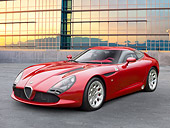 AUT 48 RK0035 01
2012 Alfa Romeo TZ3 Stradale Red 3/4 Front View On Concrete By Glass Building
