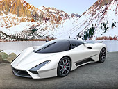 AUT 48 RK0040 01
2012 Shelby SSC Next Generation Supercar White 3/4 Front View On Pavement By Lake And Snowy Mountains