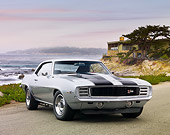 CAM 01 BK0006 01
1969 Chevrolet Camaro Z-28 RS Silver And Black Stripe 3/4 Front View On Pavement By Ocean