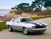 CAM 01 BK0008 01
1969 Chevrolet Camaro Z-28 RS Silver And Black Stripe 3/4 Front View On Pavement By Ocean