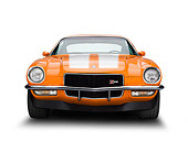 CAM 01 BK0009 01
1970 1/2 Chevrolet Camaro Z-28 Hugger Orange With White Stripes Front View On White Seamless