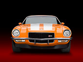 CAM 01 BK0011 01
1970 1/2 Chevrolet Camaro Z-28 Hugger Orange With White Stripes Front View In Studio