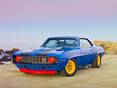 CAM 01 RK0185 01
1969 Chevrolet Camaro Z-28 Blue With Black Stripe And Yellow Wheels 3/4 Front View On Beach