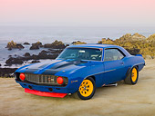 CAM 01 RK0186 01
1969 Chevrolet Camaro Z-28 Blue With Black Stripe And Yellow Wheels 3/4 Front View On Beach