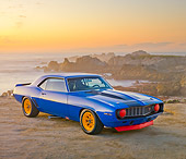 CAM 01 RK0188 01
1969 Chevrolet Camaro Z-28 Blue With Black Stripe And Yellow Wheels 3/4 Front View On Beach