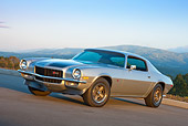 CAM 01 RK0199 01
1970 1/2 Chevrolet Camaro Z-28 Silver With Black Stripe Slanted 3/4 Front View On Pavement