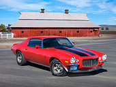CAM 01 RK0224 01
1970 1/2 Chevrolet Camaro Z-28 RS Red With Black Stripes 3/4 Front View On Pavement By Red Barn