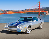 CAM 01 RK0239 01
1978 Chevrolet Camaro Z-28 Silver With Blue Stripe 3/4 Front View On Pavement By Golden Gate Bridge