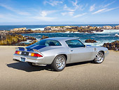 CAM 01 RK0241 01
1978 Chevrolet Camaro Z-28 Silver With Blue Stripe 3/4 Rear View On Pavement By Ocean