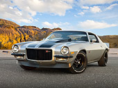 CAM 01 RK0246 01
1973 Chevrolet Camaro Z-28 Silver With Black Stripe 3/4 Front View On Pavement By Bay