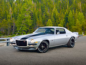 CAM 01 RK0247 01
1973 Chevrolet Camaro Z-28 Silver With Black Stripe 3/4 Front View On Pavement By Bay