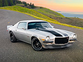 CAM 01 RK0249 01
1973 Chevrolet Camaro Z-28 Silver With Black Stripe 3/4 Front View On Pavement By Bay